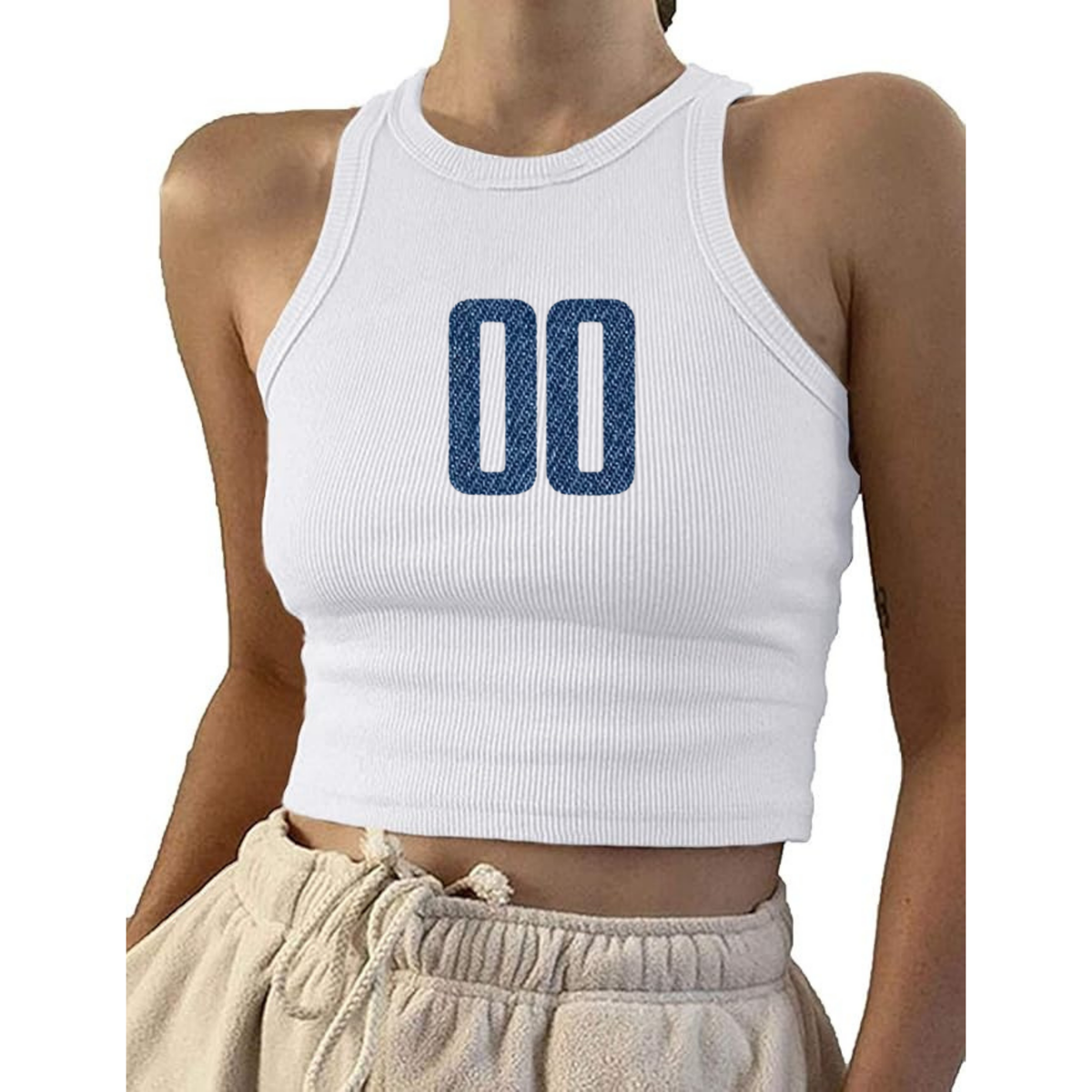 PATCHWORK NUMBER SLEEVELESS HIGH NECK RIB TOP