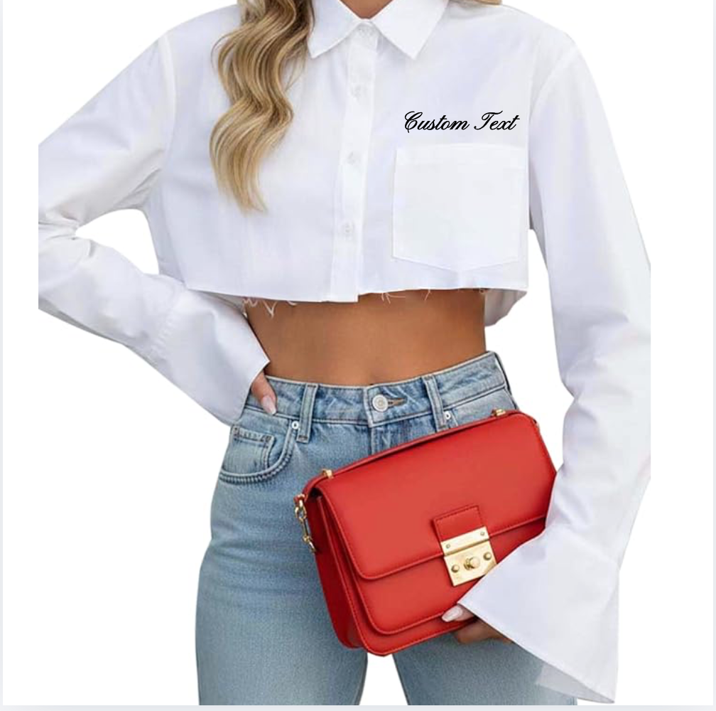 CROPPED BUTTON DOWN LONG SLEEVE TOP - EMBROIDERED